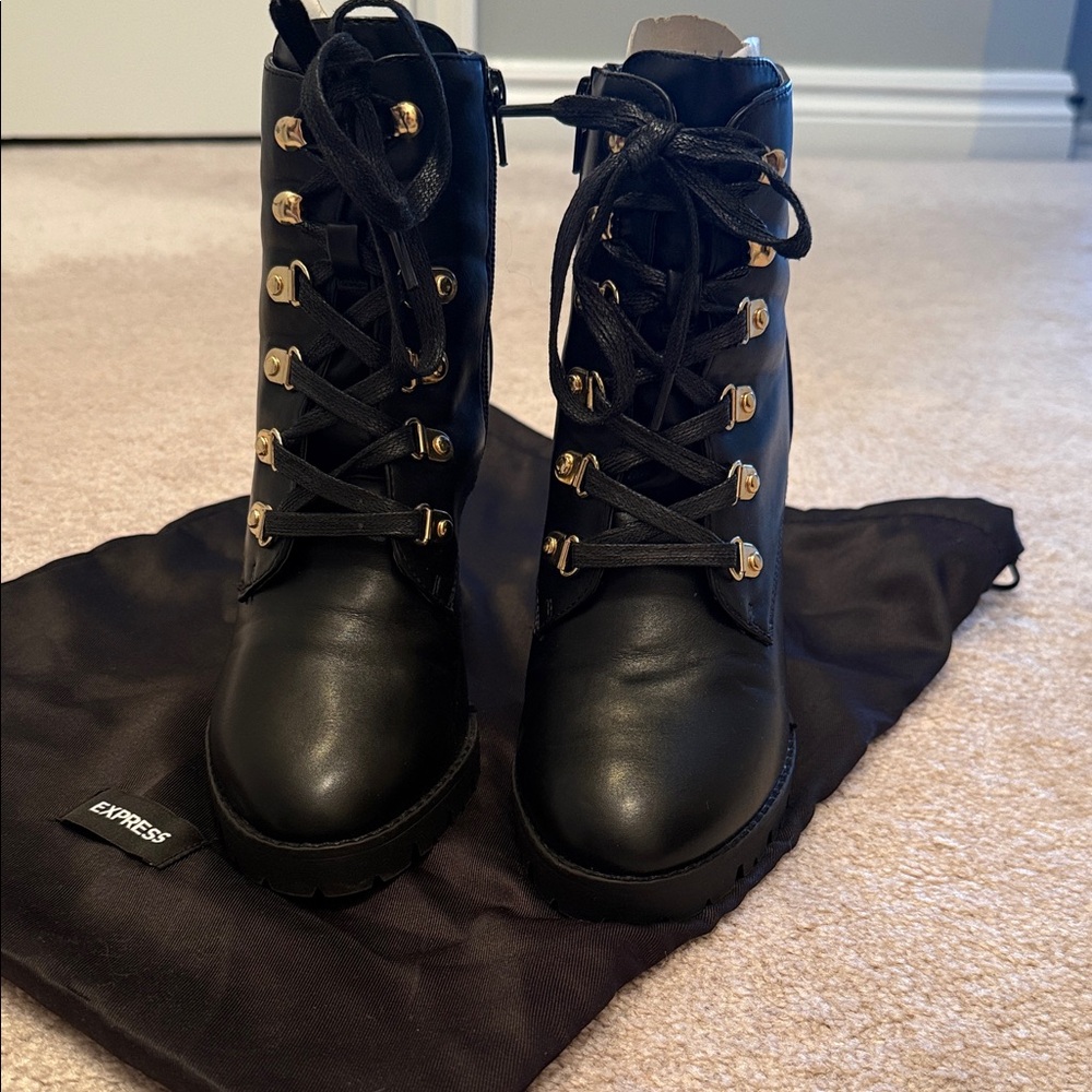 Express Black Lace-Up Women's Boots with Gold Accents